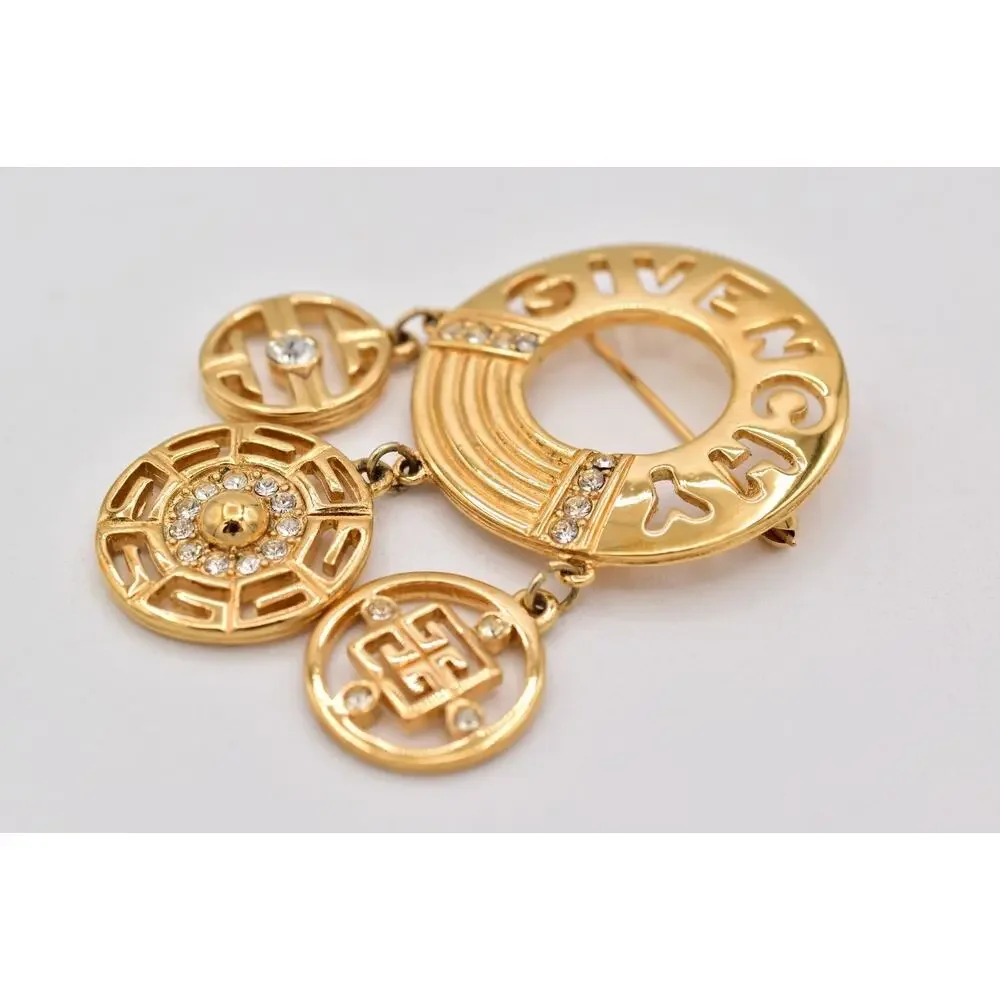 Givenchy Vintage Logo Charm Brooch Gold Pin Dangle Crystal Statement 1980s Bin5B - Picture 5 of 12